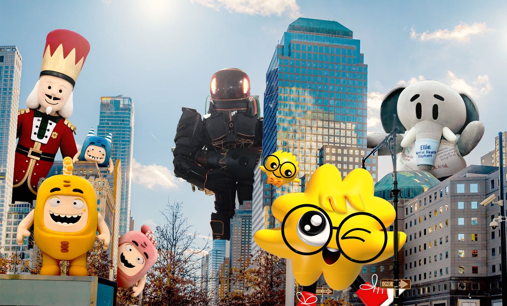 Mascot Enterprise giant mascots over a city skyline